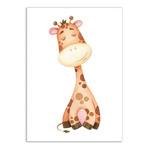 Presentou Tierbilder Kunstdruck | Kinderzimmer Poster Wandbilder Deko | süß gemalt Wasserfarb-Look | Wald Afrika Safari | DIN A4 Premiumpapier (Einzelbild - Giraffe) von Presentou