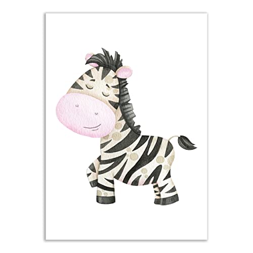 Presentou Tierbilder Kunstdruck | Kinderzimmer Poster Wandbilder Deko | süß gemalt Wasserfarb-Look | Wald Afrika Safari | DIN A4 Premiumpapier (Einzelbild - Zebra) von Presentou