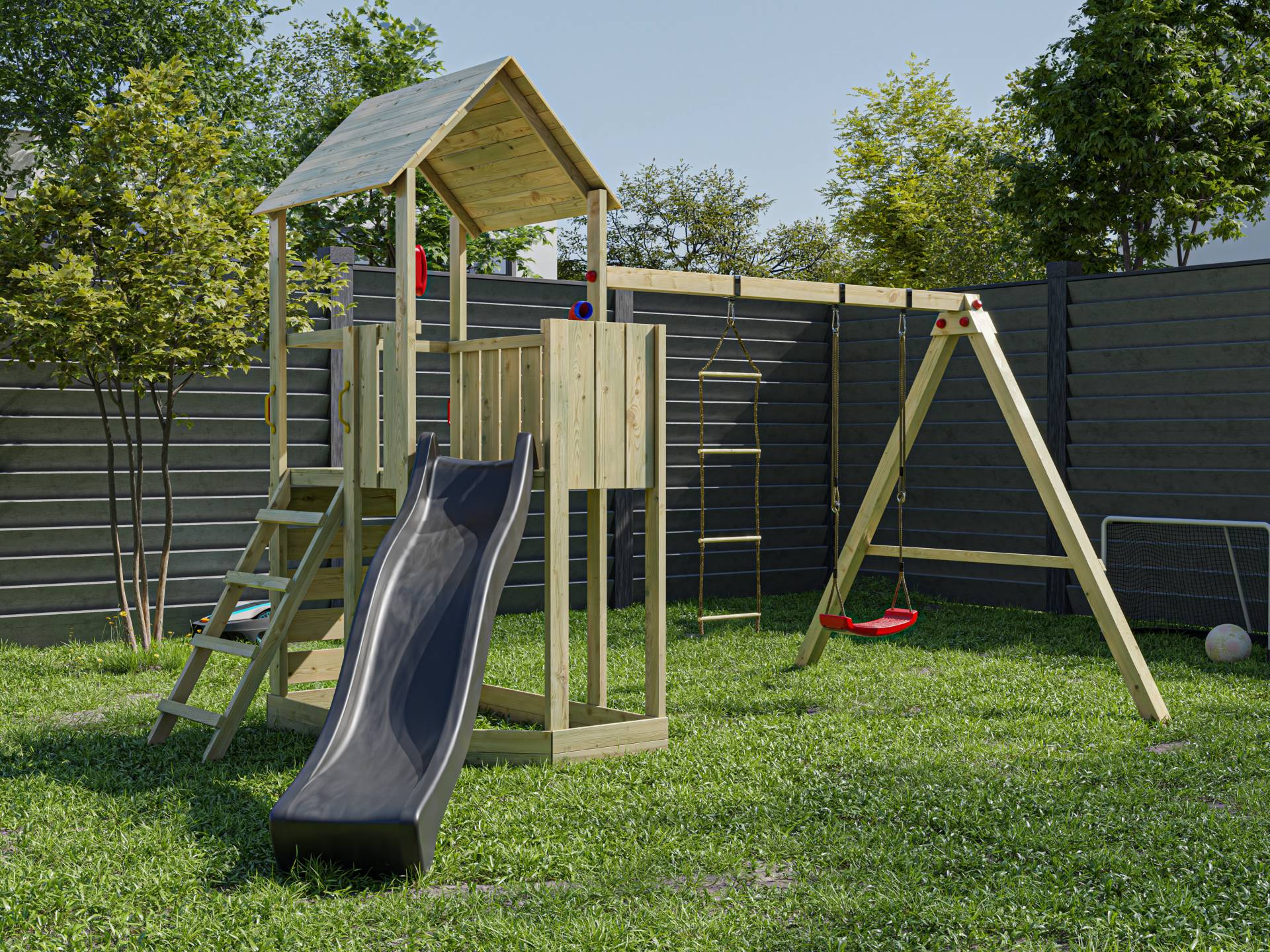 Prestige Garden Spielturm Big Monkey KDI inkl. Rutsche grau - BxTxH: 471x302x290,5 cm, 120 cm Podesthöhe, inkl. Periskop + Telefon + Rutsche von Prestige Garden