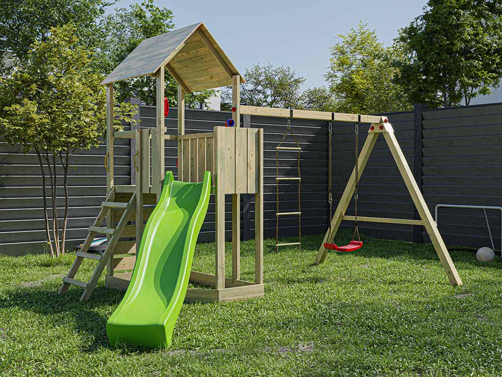 Prestige Garden Spielturm Big Monkey KDI inkl. Rutsche grün - BxTxH: 471x302x290,5 cm, 120 cm Podesthöhe, inkl. Periskop + Telefon + Rutsche von Prestige Garden