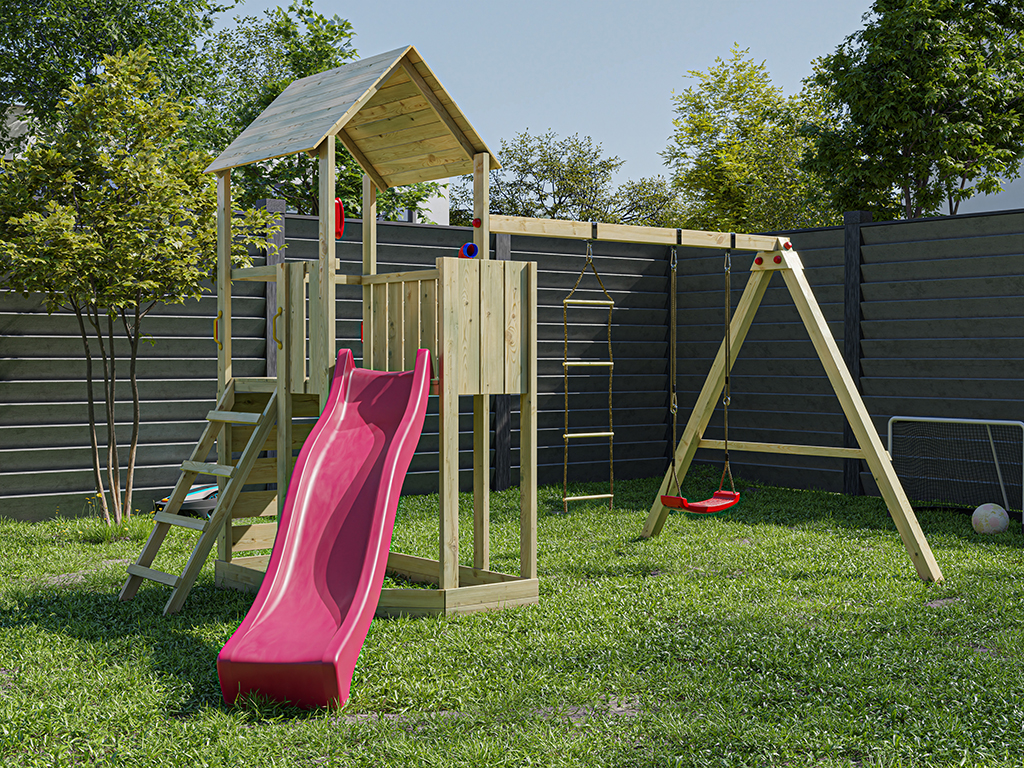 Prestige Garden Spielturm Big Monkey KDI inkl. Rutsche pink - BxTxH: 471x302x290,5 cm, 120 cm Podesthöhe, inkl. Periskop + Telefon + Rutsche von Prestige Garden