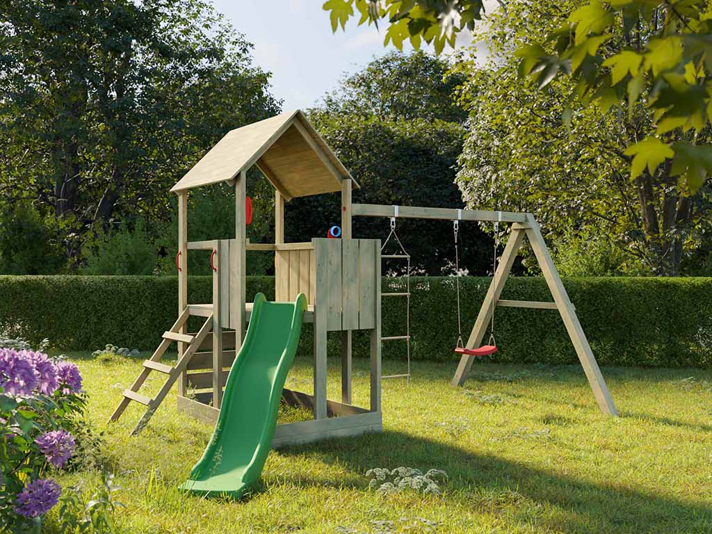 Prestige Garden Spielturm Little Monkey KDI inkl. Rutsche grün - BxTxH: 410x260x250 cm, 90 cm Podesthöhe, inkl. Periskop + Telefon + Rutsche von Prestige Garden