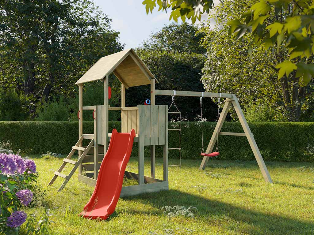 Prestige Garden Spielturm Little Monkey KDI inkl. Rutsche rot - BxTxH: 410x260x250 cm, 90 cm Podesthöhe, inkl. Periskop + Telefon + Rutsche von Prestige Garden