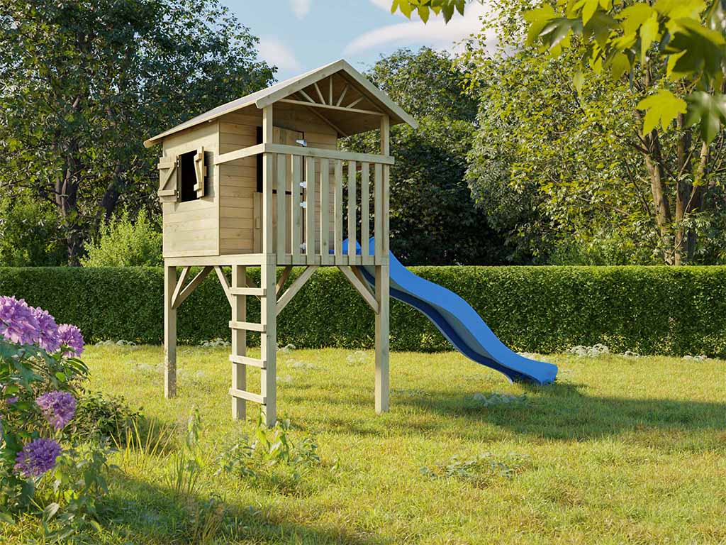 Prestige Garden Stelzenhaus Tree Hut KDI inkl. Rutsche blau - BxTxH: 156x237x298 cm, inkl. 2,90 m Wellenrutsche blau, Fenster + Leiter + Handgriff von Prestige Garden