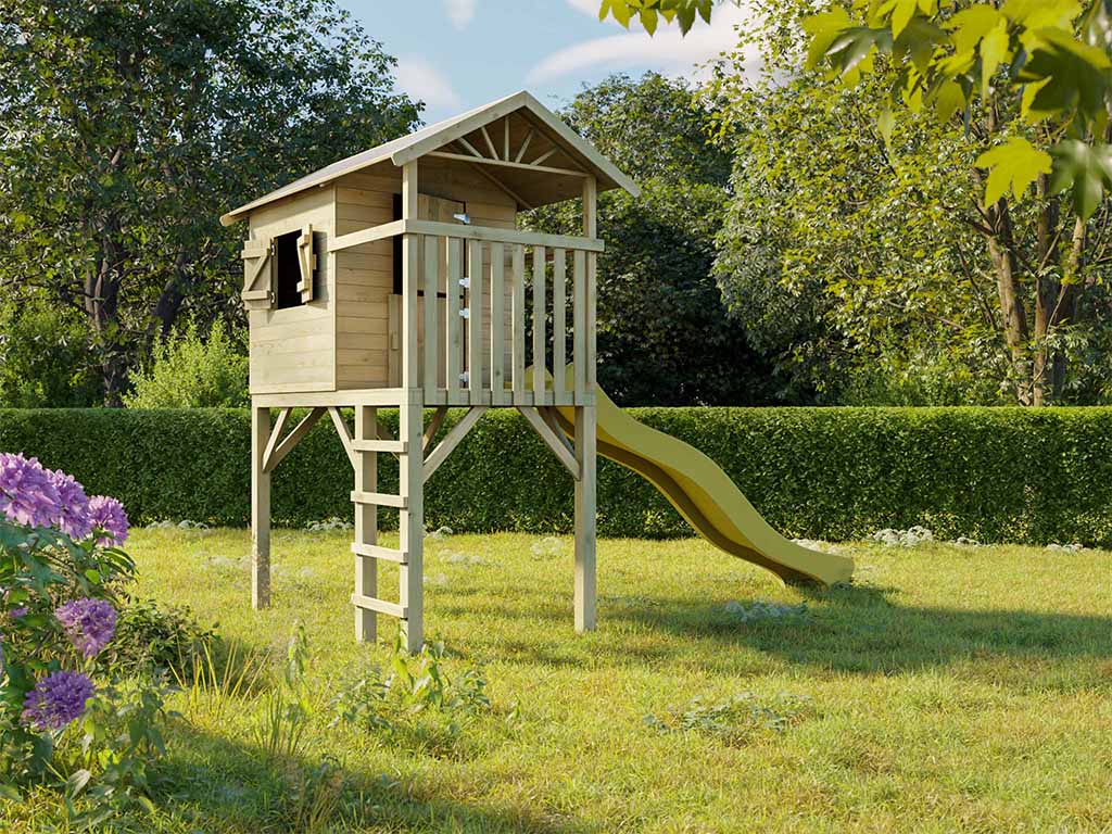 Prestige Garden Stelzenhaus Tree Hut KDI inkl. Rutsche gelb - BxTxH: 156x237x298 cm, inkl. 2,90 m Wellenrutsche blau, Fenster + Leiter + Handgriff von Prestige Garden