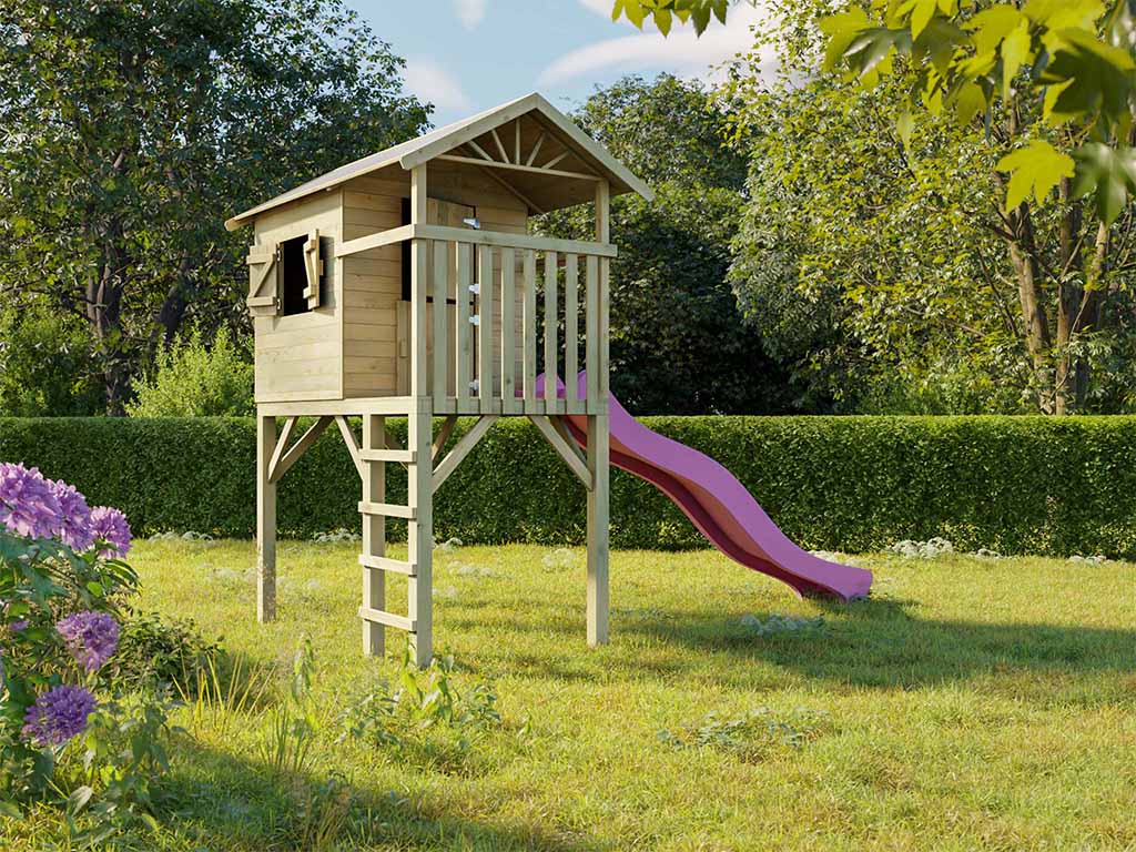 Prestige Garden Stelzenhaus Tree Hut KDI inkl. Rutsche pink - BxTxH: 156x237x298 cm, inkl. 2,90 m Wellenrutsche pink, Fenster + Leiter + Handgriff von Prestige Garden