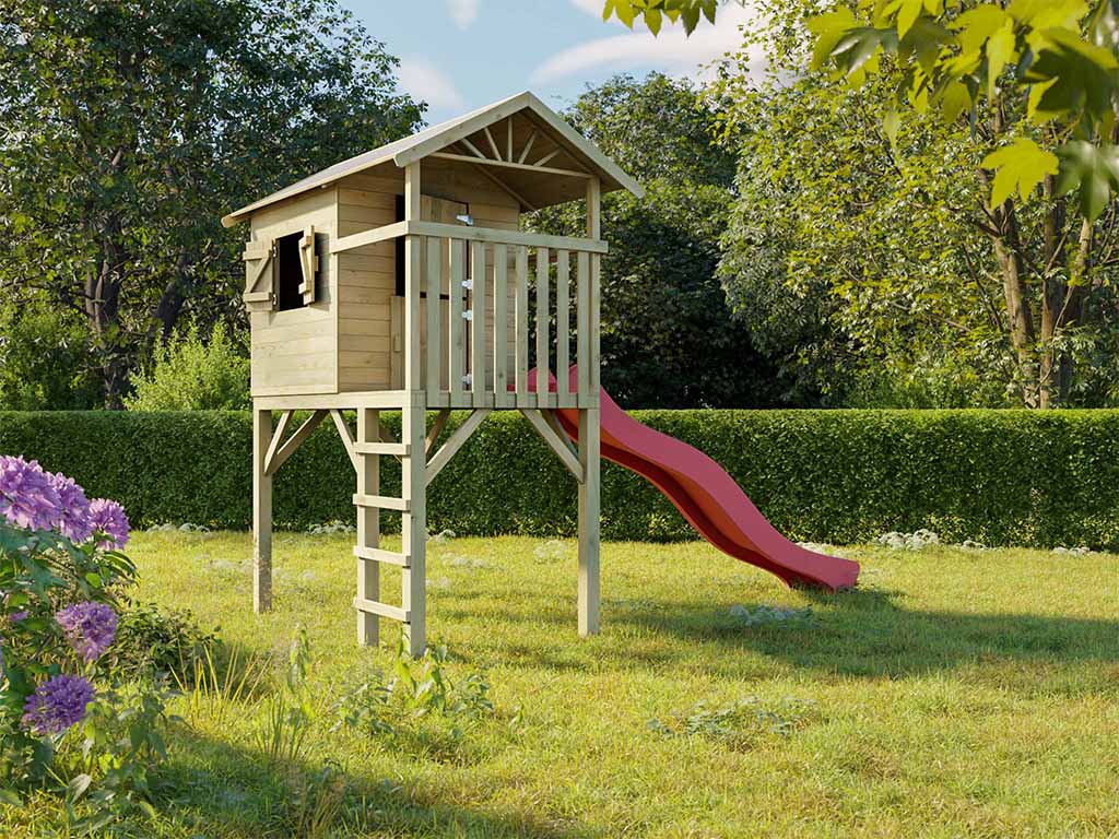 Prestige Garden Stelzenhaus Tree Hut KDI inkl. Rutsche rot - BxTxH: 156x237x298 cm, inkl. 2,90 m Wellenrutsche rot, Fenster + Leiter + Handgriff von Prestige Garden