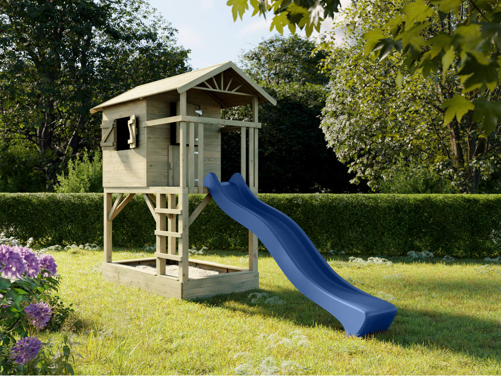 Prestige Garden Stelzenhaus Tree Hut mit Sandkasten KDI inkl. Rutsche blau - BxTxH: 446x237x298 cm, inkl. 142 cm Podest, inkl. Sandkasten + Rutsche von Prestige Garden