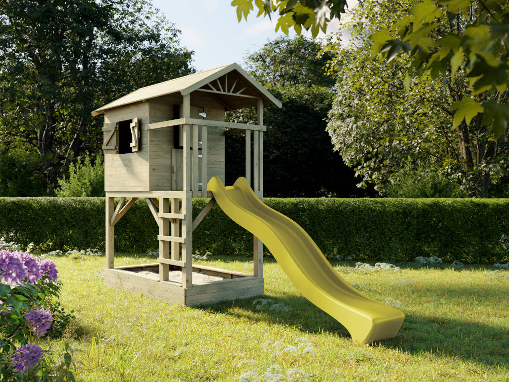 Prestige Garden Stelzenhaus Tree Hut mit Sandkasten KDI inkl. Rutsche gelb - BxTxH: 446x237x298 cm, inkl. 142 cm Podest, inkl. Sandkasten + Rutsche von Prestige Garden