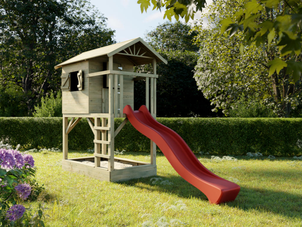 Prestige Garden Stelzenhaus Tree Hut mit Sandkasten KDI inkl. Rutsche rot - BxTxH: 446x237x298 cm, inkl. 142 cm Podest, inkl. Sandkasten + Rutsche von Prestige Garden