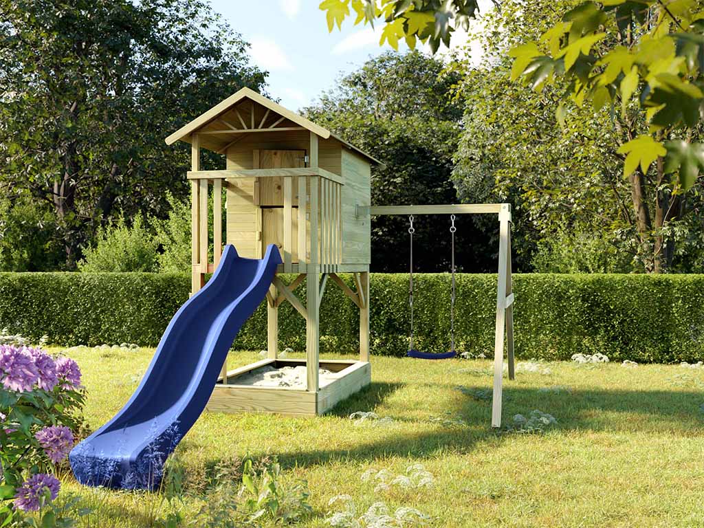 Prestige Garden Stelzenhaus Tree Hut mit Sandkasten KDI inkl. Einzelschaukel und Rutsche blau - BxTxH: 316x237x298 cm, inkl. Wellenrutsche blau, inkl. von Prestige Garden