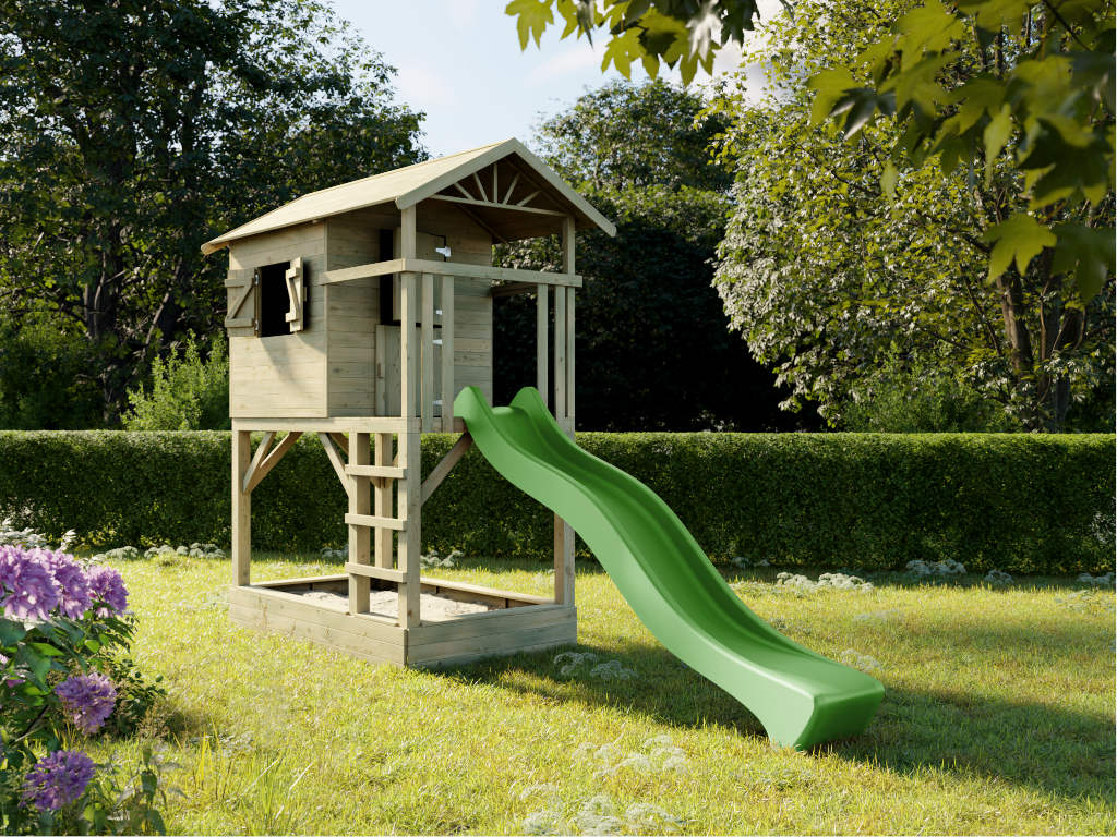 Prestige Garden Stelzenhaus Tree Hut mit Sandkasten KDI inkl. Rutsche grün - BxTxH: 446x237x298 cm, inkl. 142 cm Podest, inkl. Sandkasten + Rutsche von Prestige Garden