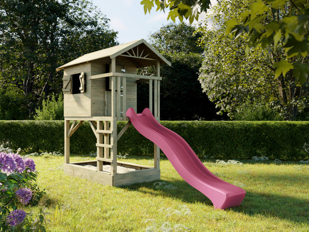 Prestige Garden Stelzenhaus Tree Hut mit Sandkasten KDI inkl. Rutsche pink - BxTxH: 446x237x298 cm, inkl. 142 cm Podest, inkl. Sandkasten + Rutsche von Prestige Garden