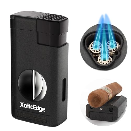 Prestige Import Group XoticEdge Lumina Triple Flame Taschenlampe Feuerzeug mit eingebautem versenktem V-Cut-Cutter – Schwarzer Stein von Prestige Import Group