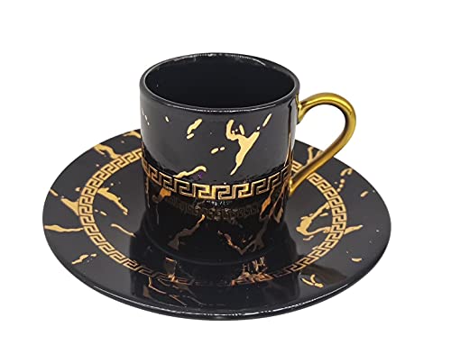 Porzellan Espresso Türkischer Kaffee Demitasse Set von 6 Tassen + Untertassen Gold griechische Schlüssel Designs 85 ml (schwarzer Kunstmarmor) von Prestige Kitchen