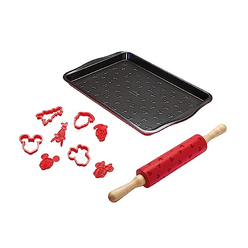 Prestige Neu Disney Backe mit Mickey Mouse Backgeschirr-Set mit Antihaft-Backblech 10 Zoll x 15 Zoll, Plätzchenausstecher-Set mit 4 Stück und Silikon-Nudelholz 45 cm von Prestige