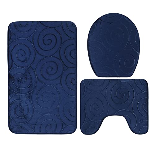 Pretfy 3 Stcs Stone Geprägtes Badezimmer Mattenset mit Saugfähigem Toilettendeckel, Bodenmatten und Badewannenseitenteppich (Marineblau) von Pretfy