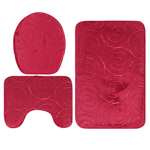 Pretfy 3 Stcs Stone Geprägtes Badezimmer Mattenset mit Saugfähigem Toilettendeckel, Bodenmatten und Badewannenseitenteppich (Rot) von Pretfy