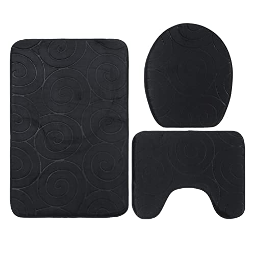 Pretfy 3 Stcs Stone Geprägtes Badezimmer Mattenset mit Saugfähigem Toilettendeckel, Bodenmatten und Badewannenseitenteppich (Schwarz) von Pretfy