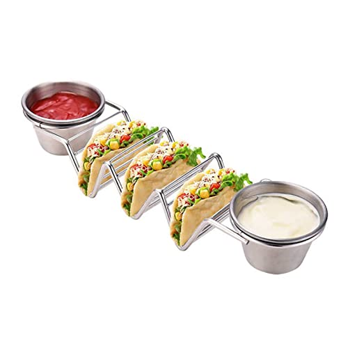 Pretfy Taco Stand Edelstahl 3 Gitter V -Form Glossy Taco Halter Rack für Küchenhaus (mit Doppelseitensaucebechern) von Pretfy