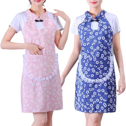 Prettiee Schürzen 2 Stück Damen Küchenschürze Verstellbar mit Taschen Damen Küchenschürze (A Einheitsgröße) von Prettiee