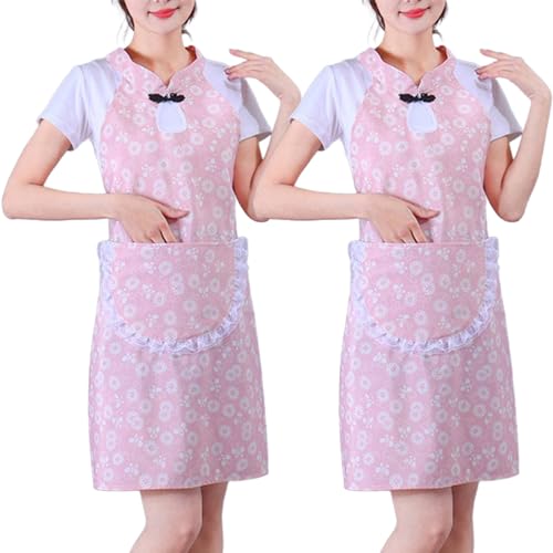 Prettiee Schürzen 2 Stück Damen Küchenschürze Verstellbar mit Taschen Damen Küchenschürze (Rosa Einheitsgröße) von Prettiee