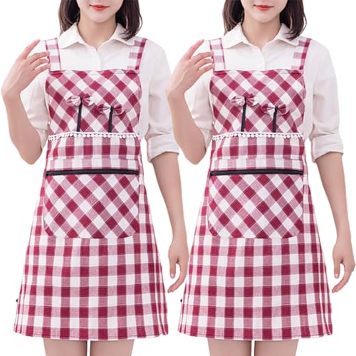 Prettiee Schürzen Stücke Damen Küchenschürze Damen Verstellbare Schürze mit Taschen Kochen/Backen (Rot Einheitsgröße) von Prettiee