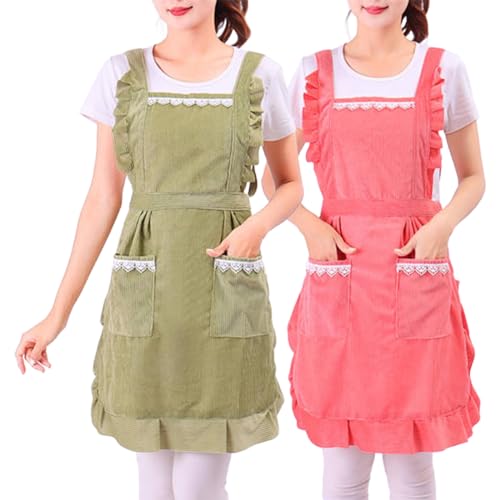 Prettiee Schürzen Stücke Damen mit Taschen Verstellbare Damen Küchenschürze Damen Kochen Backen (B Einheitsgröße) von Prettiee