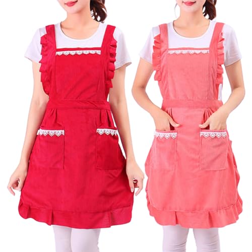 Prettiee Schürzen Stücke Damen mit Taschen Verstellbare Damen Küchenschürze Damen Kochen Backen (C Einheitsgröße) von Prettiee