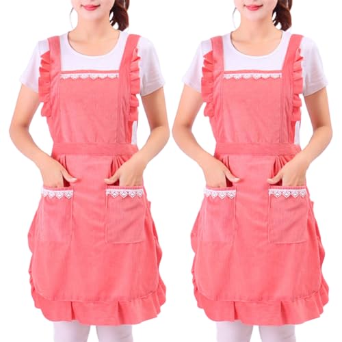 Prettiee Schürzen Stücke Damen mit Taschen Verstellbare Damen Küchenschürze Damen Kochen Backen (Rosa Einheitsgröße) von Prettiee