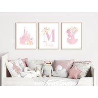 3Er-Set Prinzessinnen Prints, Personalisierte Prinzessin Wandkunst, Rosa Dekor, Mädchen Schlafzimmer Drucke, Kinderzimmer Kunst, Blumen Poster von PrettilyPrintedx