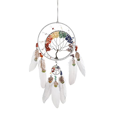 7 Chakren Baum des Lebens Traumfänger Wanddekoration mit Regenbogen Heilung Kristall Stein Handmade Grey Feather DreamCatchers Wand hängende Ornamente für Schlafzimmer Home Decor Segen Geschenk Party von Pretty Jolly