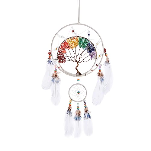 7 Chakren Baum des Lebens Traumfänger Wanddekoration mit Regenbogen Heilung Kristall Stein Handmade White Feather DreamCatchers Wand hängende Ornamente für Schlafzimmer Home Decor Segen Geschenk Party von Pretty Jolly