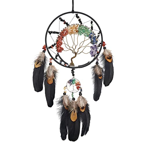 7 Chakren Lebensbaum Traumfänger Wanddekoration mit Regenbogen Heilung Kristall Stein Handgemachte Kunst Schwarzer Feder Traumfänger Wand hängende Ornament für Schlafzimmer Dekor Segen Geschenk von Pretty Jolly