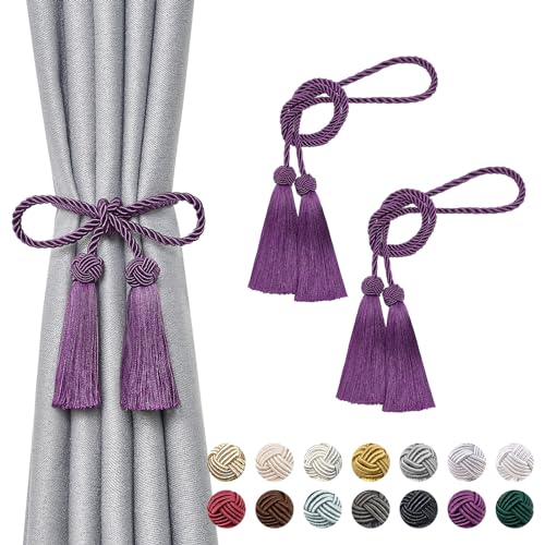 Pretty Jolly 2 Stück doppelte Quaste Vorhang Raffhalter handgemachte Seil Knoten drapieren Raffhalter Krawatte zurück Elegante dekorative Vorhanghalter für Haus & Büro Fenster Draperie (Lila) von Pretty Jolly
