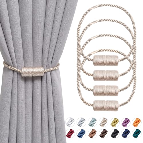 Pretty Jolly 4 Stück magnetische Vorhang-Raffhalter, handgefertigt, gewebt, Seitenseil, Vorhanghalter, praktische dekorative Zylinder-Vorhang-Raffhalter für Zuhause und Büro, Fenstervorhänge (Beige) von Pretty Jolly