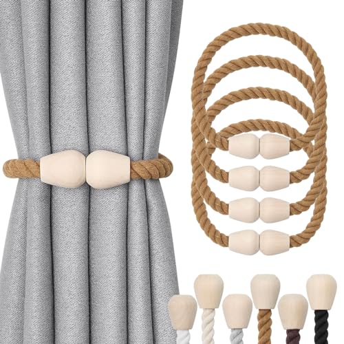 Pretty Jolly Fallen Lassen magnetische Vorhang-Raffhalter aus Holz, Boho-Dekoration, Raffhalter, natürliche Baumwolle, handgewebt, für Fenstervorhänge für Zuhause und Büro, Khaki, 4 Stück von Pretty Jolly