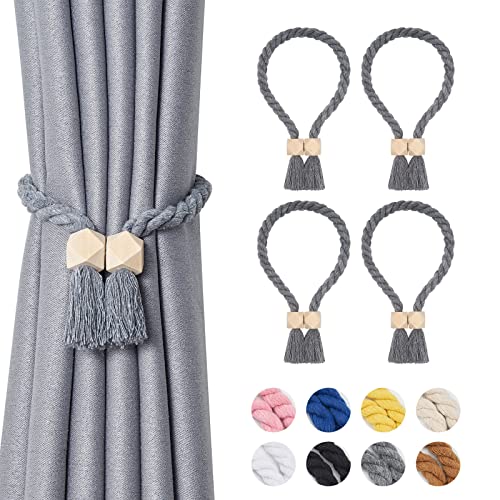 Pretty Jolly Polyeder magnetische Vorhang-Raffhalter aus Holz, Boho-Dekoration, Raffhalter, natürliche Baumwolle, handgewebt, für Fenstervorhänge für Zuhause und Büro, Grau, 4 Stück von Pretty Jolly