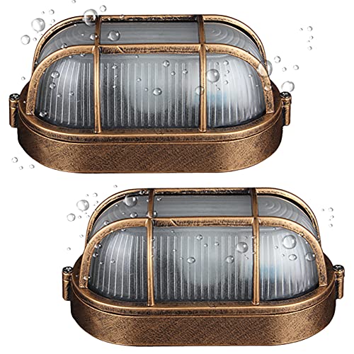 Hublot Ovale Wandleuchte/AußenDeckenlampe - 2 Stück - Wasserdicht Kellerlampe Bulkhead Wandlampe, E27 Außen und Innen Ovalleuchte, Aluminiumgitter/Glasabdeckung Bronze Feuchtraumleuchte Wandlampe von SENFAY