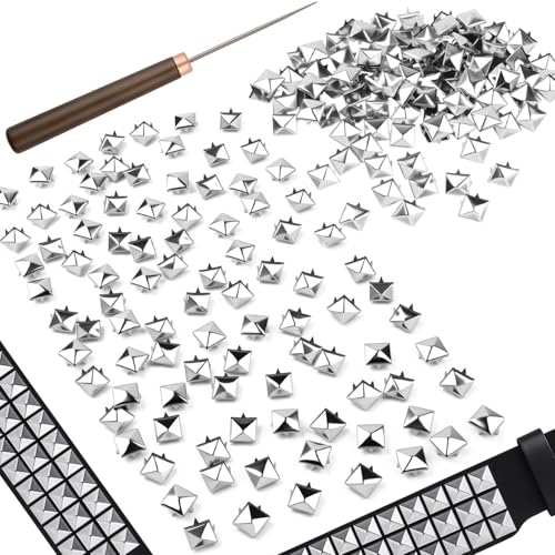 400 Stück quadratische Pyramiden-Nieten für Kleidung, Metallkrallen-Nagelkopf-Spike-Nieten mit Holzgriff, Ahle, Werkzeug für Punk-Rock-Kleidung, Lederschuhe, Tasche, Bastelzubehör (Silber) von Pretwad