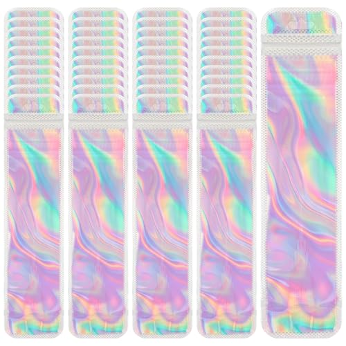 50 Stück Folienbeutel Aluminiumfolie Beutel,Holografische Beutel,mit Reißverschluss Zip Beutel Folie,für Lagerung Kleinigkeiten,Süßigkeiten,Eyeliner,Schmuck,Lipgloss,6 x 18.5 cm(Farbe) von Pretwad