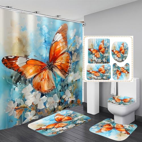 Pretyw 4-teiliges Duschvorhänge-Set mit rutschfesten Teppichen, orangefarbener Schmetterling Pretyw 4-teiliges Duschvorhänge-Set mit rutschfesten Teppichen, orangefarbener Schmetterling von Pretyw