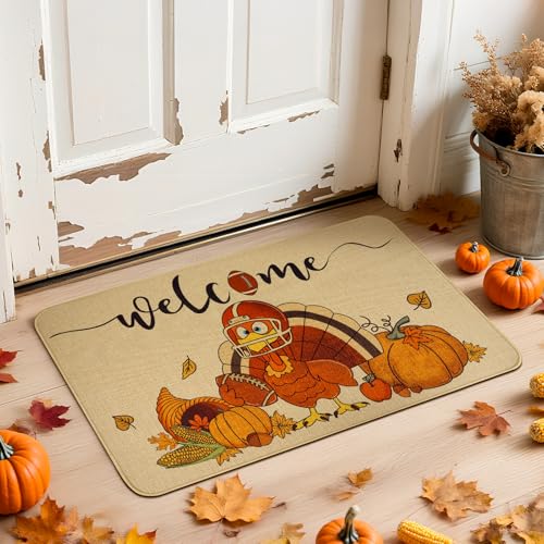Thanksgiving-Fußmatte – Herbst-Fußmatte für den Außenbereich mit lustigem Türkei-Fußball-Kürbis, Leinen-Vorderfußmatte für Herbst, rutschfeste saisonale Willkommensmatte für Heimdekoration (43,2 x Thanksgiving-Fußmatte – Herbst-Fußmatte für den Außenbereich mit lustigem Türkei-Fußball-Kürbis, Leinen-Vorderfußmatte für Herbst, rutschfeste saisonale Willkommensmatte für Heimdekoration (43,2 x von Prewplam