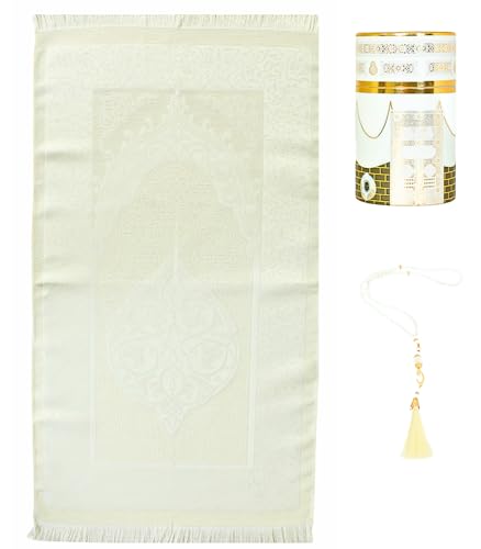 Prien Muslimischer Gebetsteppich Mit Tesbih Für Islamische Geschenke, Muslim Tragbare Seccade Box, Islam Mat Set Für Frauen & Männer Ramadan, Türkisch Teppich Geschenk Bayram Kinder (Weiß-2) von Prien