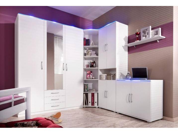 Jugendzimmer-Set PRIESS, weiß, 3-türig,mit blauer LED-Beleuchtung, Schlafzimmermöbel-Sets von Priess
