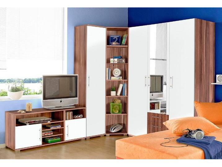 Jugendzimmer-Set PRIESS, weiß (nussbaumfarben, weiß), mit 3-trg. Kleiderschrank, Schlafzimmermöbel-Sets, Kleiderschrank, Regalelement, Wäscheschrank, Sideboard und Wandregal von Priess