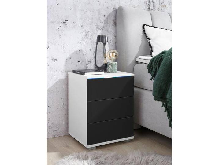 Nachtkommode PRIESS, schwarz (weiß, schwarz hochglanz), B:41cm H:54cm T:38cm, Sideboards, mit LED-Beleuchtung und Push-to-open von Priess