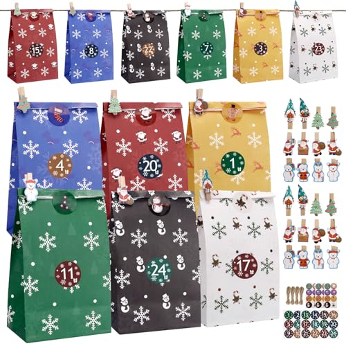Adventskalender zum Befüllen, 24 Adventskalender Tüten (mit Holzklammern) zum Selber Basteln, Weihnachtskalender Geschenk Papiertüten Selbstbefüllen mit Aufkleber für Kinder & Erwachsene von Priksia