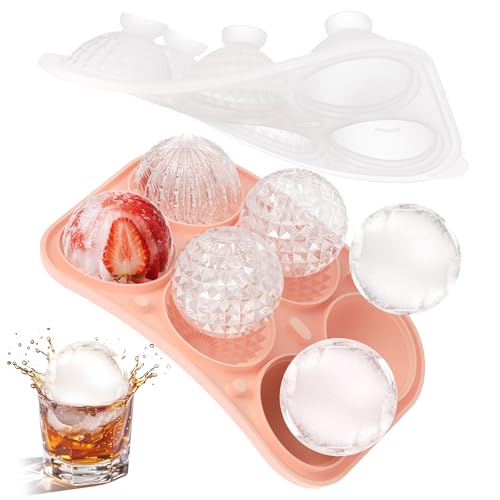 Eiswürfelform Silikon, Eiswürfelform Groß-5cm, BPA-Frei 6 Rund /3 Verschiedene Kugelförmige für Cocktail, Whiskey, Saft, Kaffee Eiskugel (Pink) von Priksia