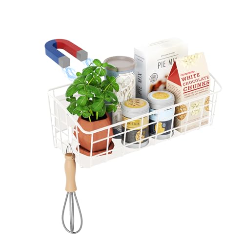 PrimZooty Magnetisches Gewürzregal für Kühlschrank, vielseitiges magnetisches Regal mit 1 Haken zur Aufbewahrung in der Küche, Gewürzregal mit großer Kapazität für Kühlschrank, Ofen oder Schrank, Weiß von PrimZooty